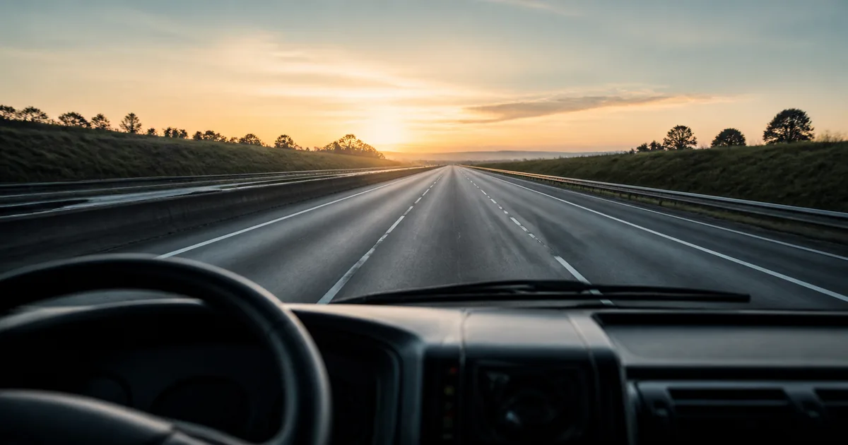 Perspectiva de rodovia pavimentada vista a partir de painel veicular moderno, simbolizando gestão de frotas e responsabilidade jurídica em transportes