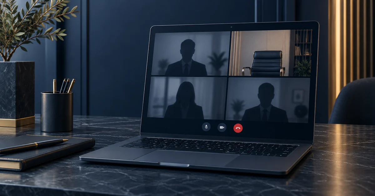 Notebook com videochamada e uma cadeira vazia na tela, representando a ausência de preposto em audiência virtual.