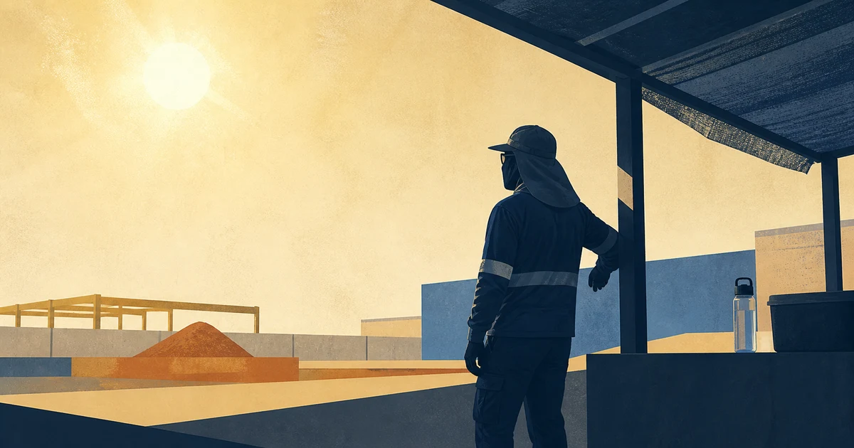 Ilustração editorial de trabalhador ao ar livre em área sombreada durante período de calor intenso