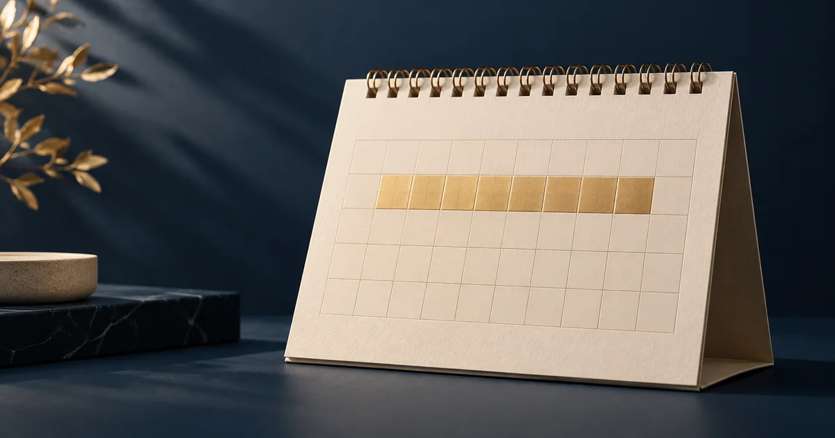 Calendário de mesa com uma sequência de dias destacada em dourado, representando a proximidade da estabilidade pré-aposentadoria.