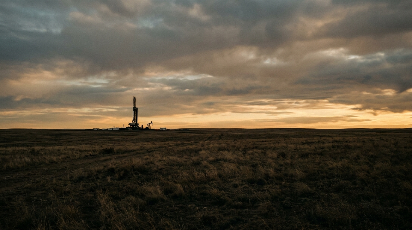 Torre de perfuração vista ao longe em um campo aberto, representando a exploração de petróleo e gás não convencionais