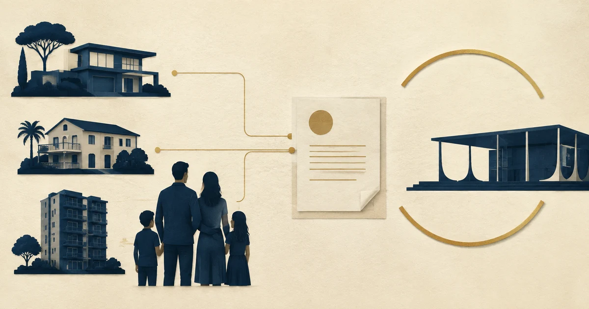 Ilustração de família, imóveis e documento societário conectados ao edifício do STF, representando o julgamento pendente sobre ITBI e holdings.