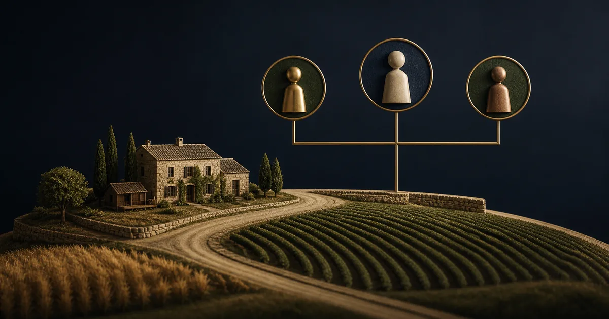 Ilustração representando a continuidade de uma propriedade rural entre gerações de uma família