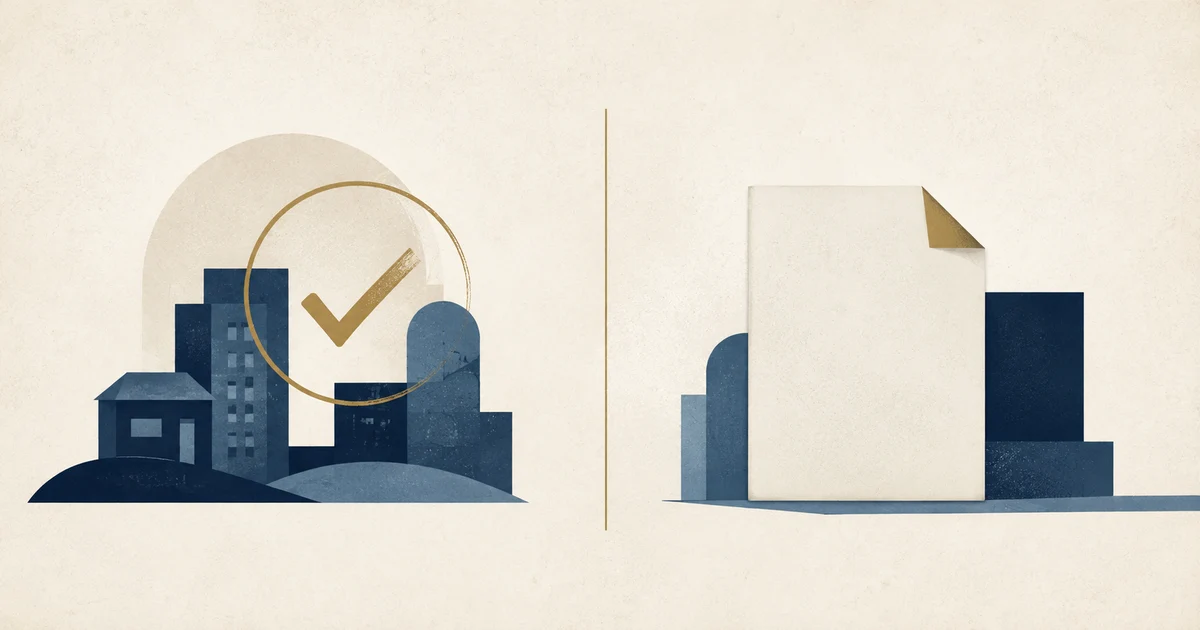 Ilustração em azul-marinho e dourado com marca de verificação e documento, representando presunção de insuficiência e comprovação de recursos.
