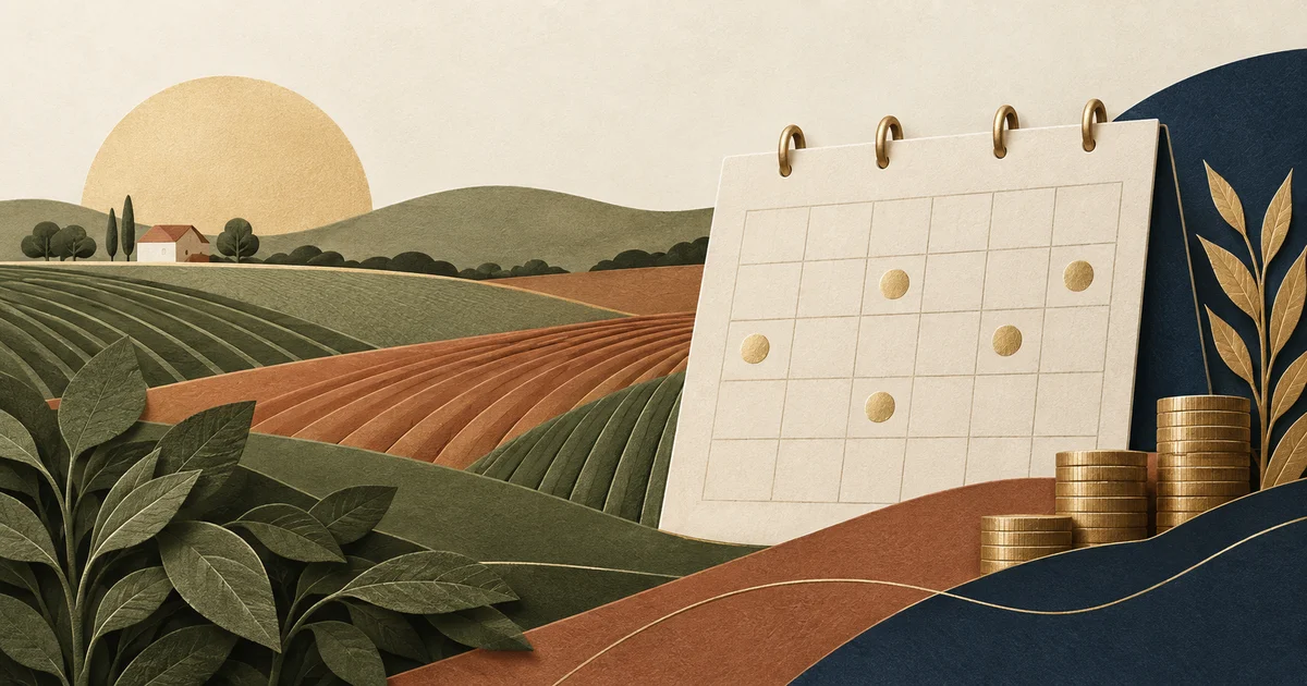 Ilustração de campos agrícolas, calendário e moedas em tons terrosos, representando o calendário de pagamentos do produtor rural.