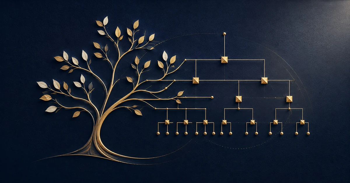 Ilustração conceitual de uma árvore genealógica dourada que se transforma em uma estrutura organizacional de governança patrimonial