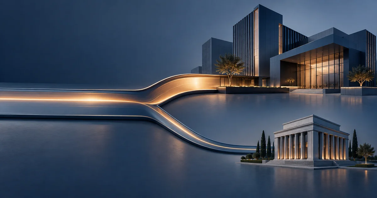 Fluxo luminoso dividido entre uma estrutura empresarial e um edifício público, representando a segregação do pagamento e dos tributos.