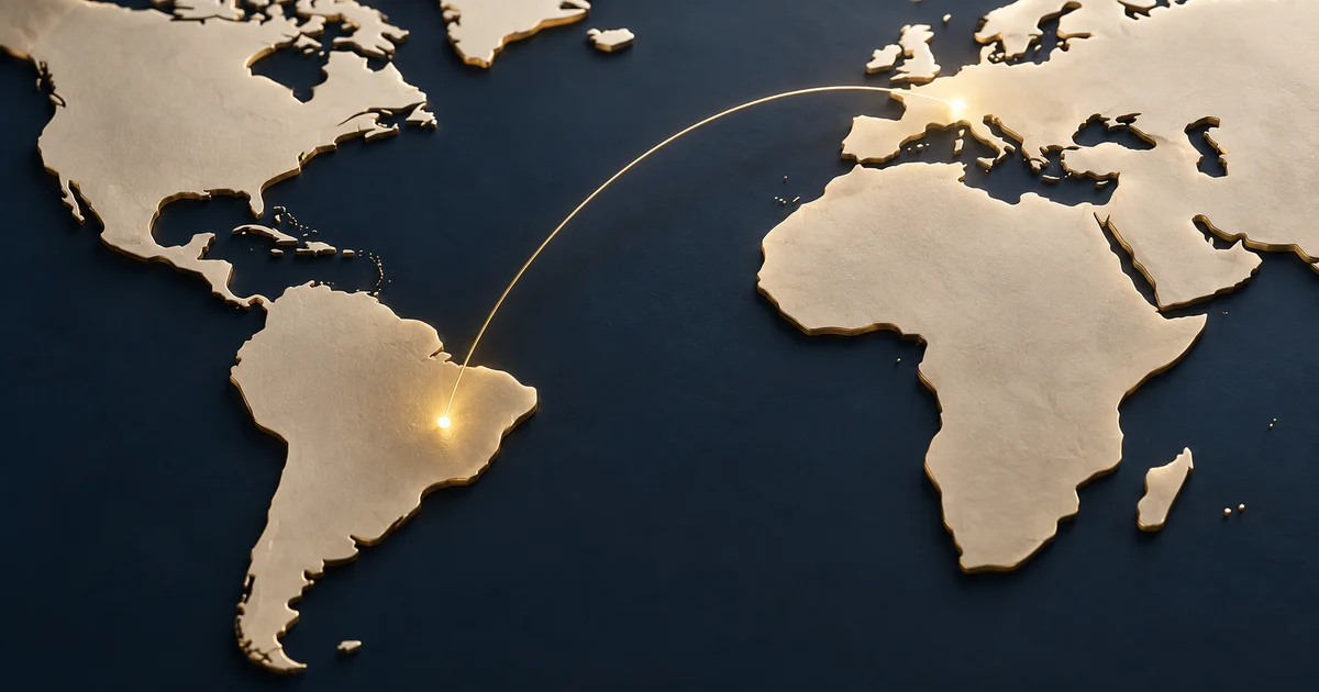 Mapa em relevo com pontos luminosos no Brasil e na Europa conectados por um arco dourado, representando resultados empresariais internacionais.