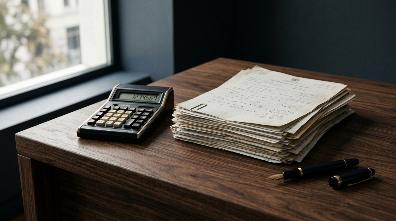 Calculadora ao lado de documentos em uma mesa de escritório, representando a decisão entre transação tributária e litígio