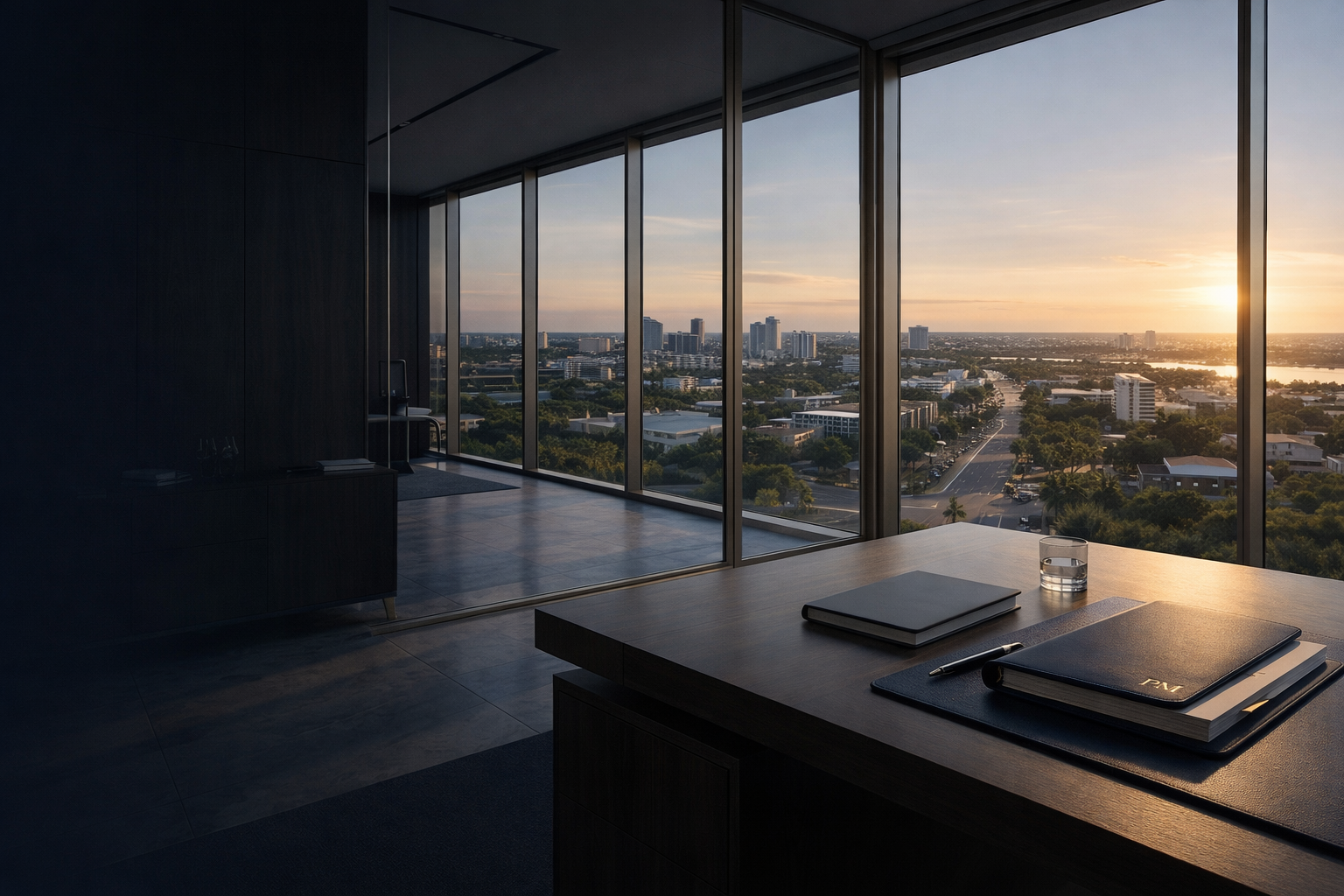 Ambiente executivo sofisticado de escritório jurídico em Boa Vista, Roraima, com vista urbana e mesa corporativa, representando a atuação estratégica de Pablo Maciel Advogados Associados