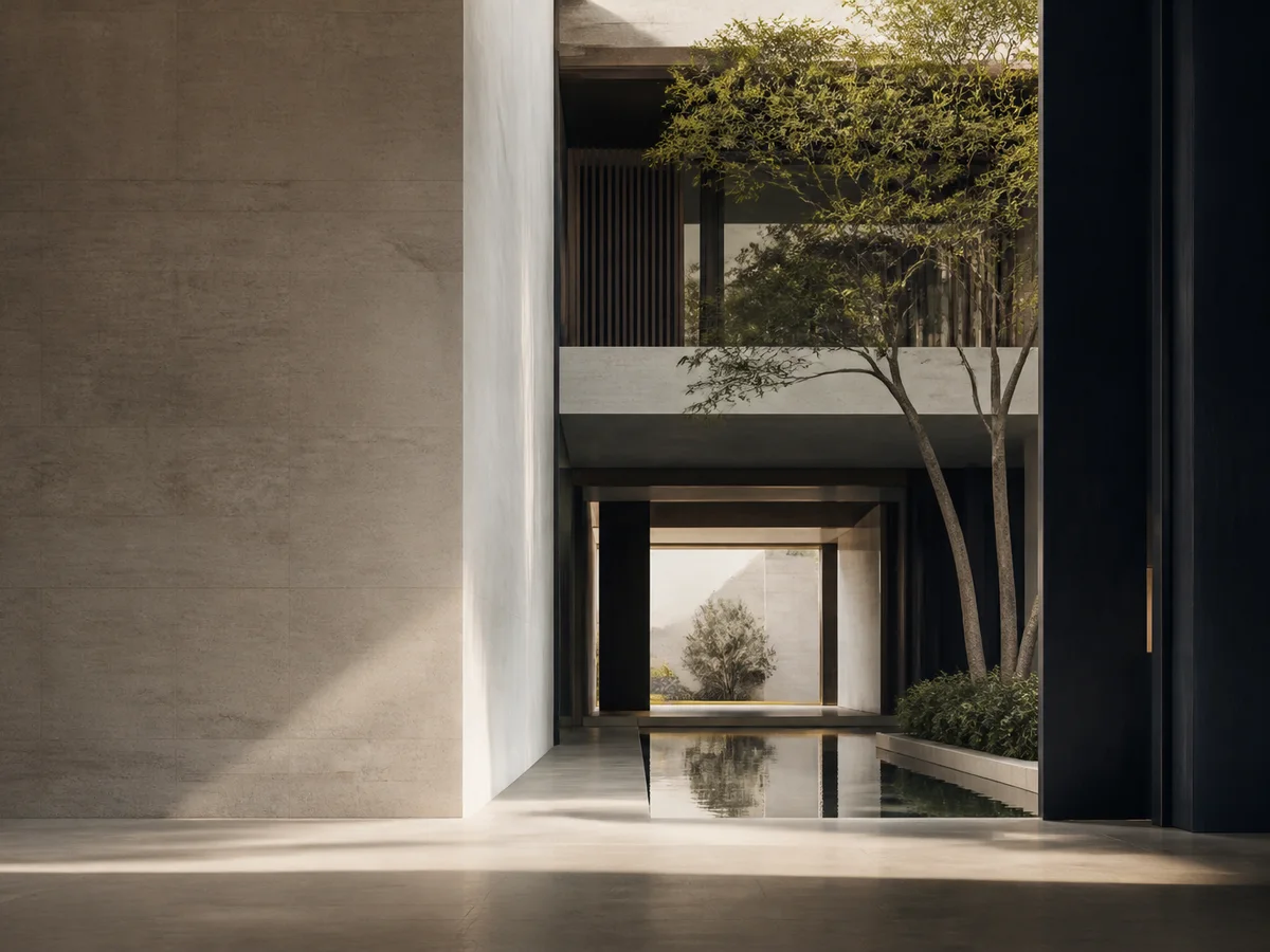 Arquitetura e elementos naturais representando patrimônio, continuidade e planejamento sucessório.